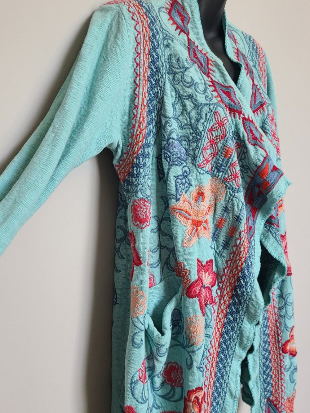 Biya Johnny Was Turquoise Embroidered Open Front Cardigan Size Medium - Picture 3 of 6